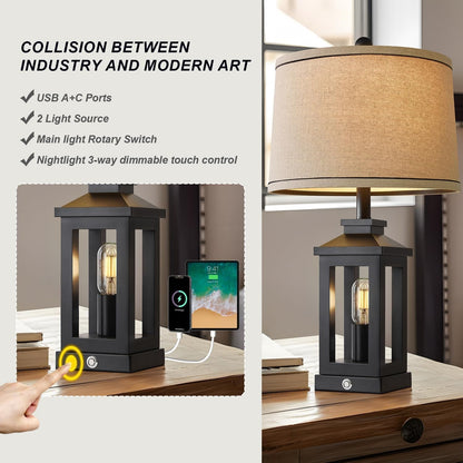 Retro Black Table Lamps Set with Touch Control & USB Ports