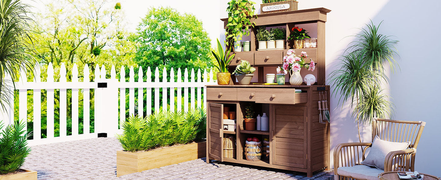 65.7'' H Tall Fir Wood Garden Potting Bench Table with Hutch