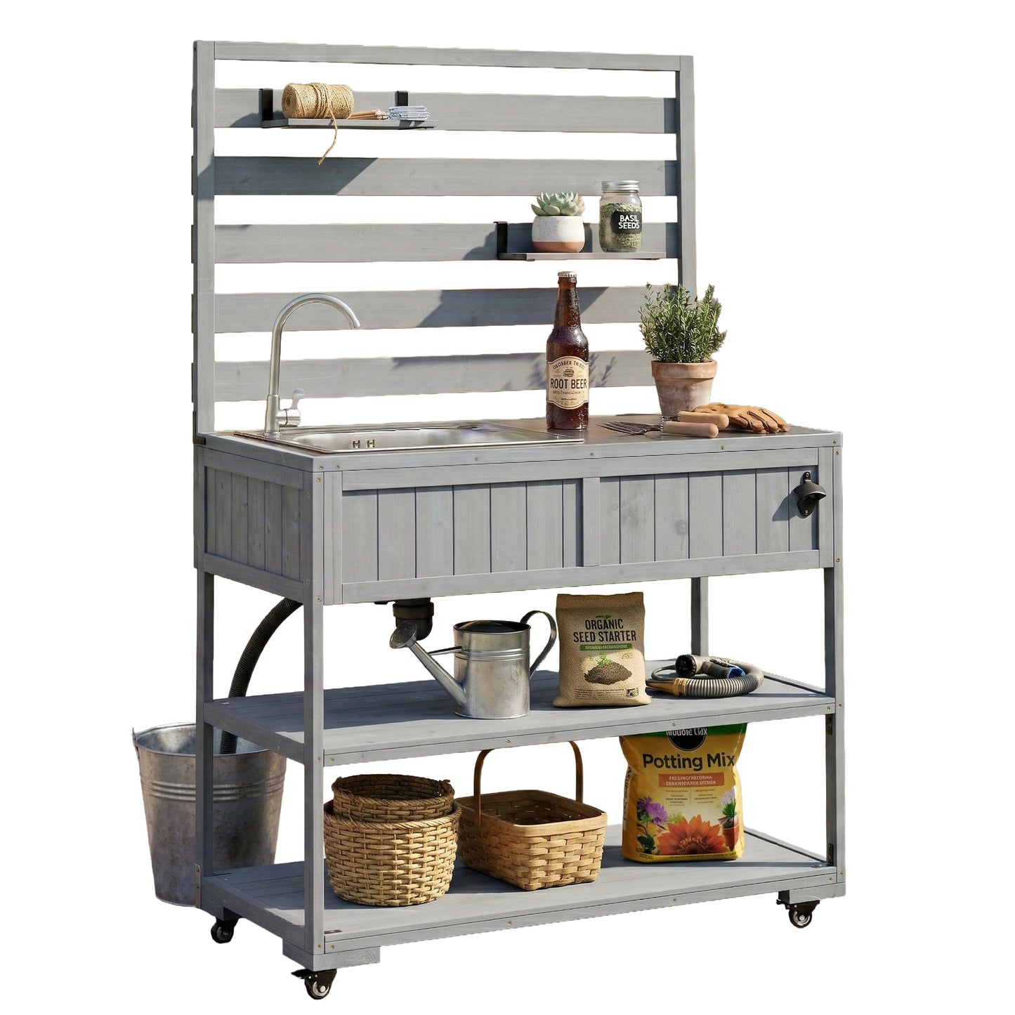 41.7'' Large Patio Rolling Kitchen Island with Sink & Storage