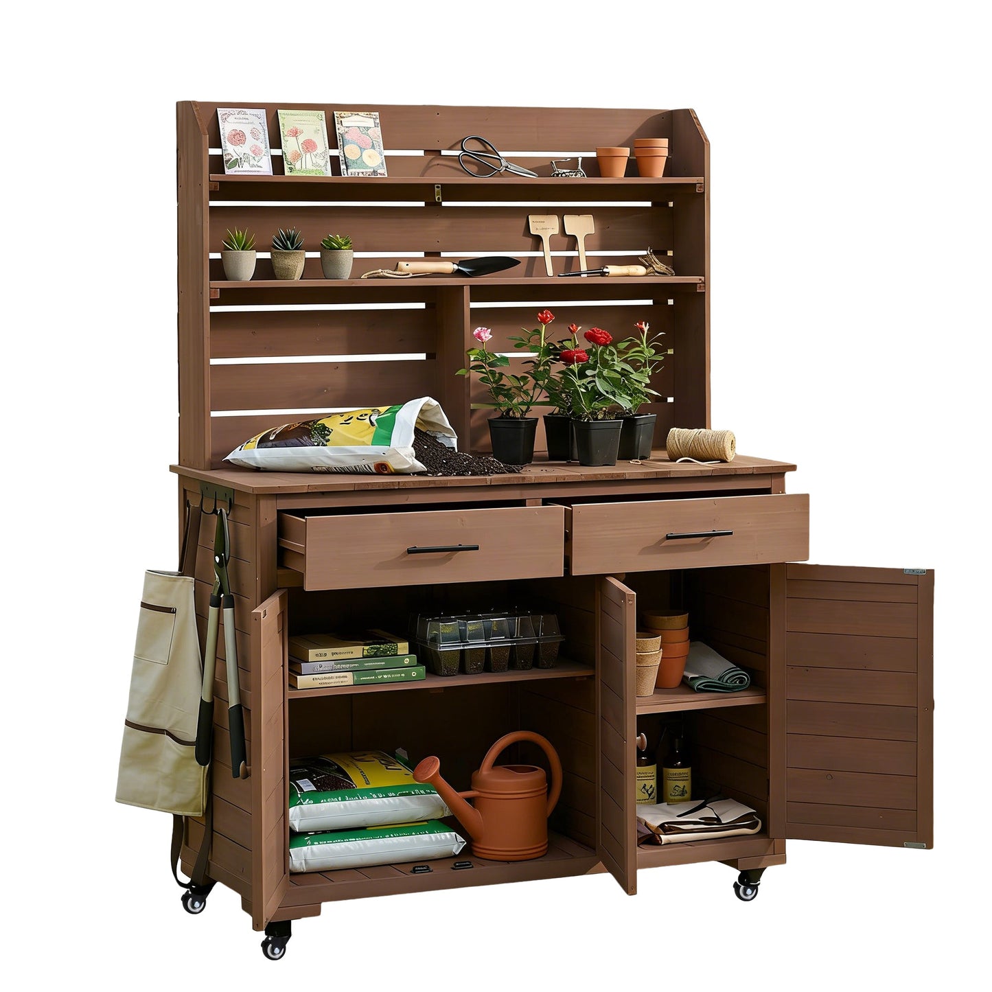 65''H Large Garden Potting Bench with Lockable Wheels and Storage