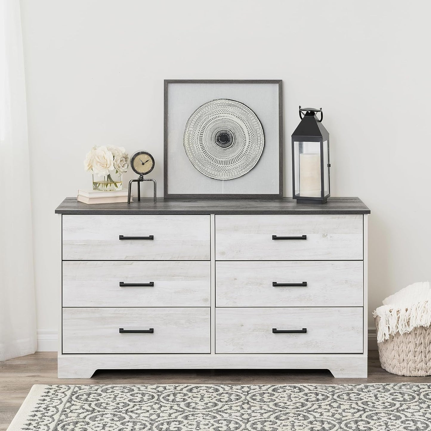 Washed White Farmhouse Dresser 6 Drawer Chest 53 Inch Wide
