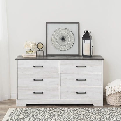 Washed White Farmhouse Dresser 6 Drawer Chest 53 Inch Wide