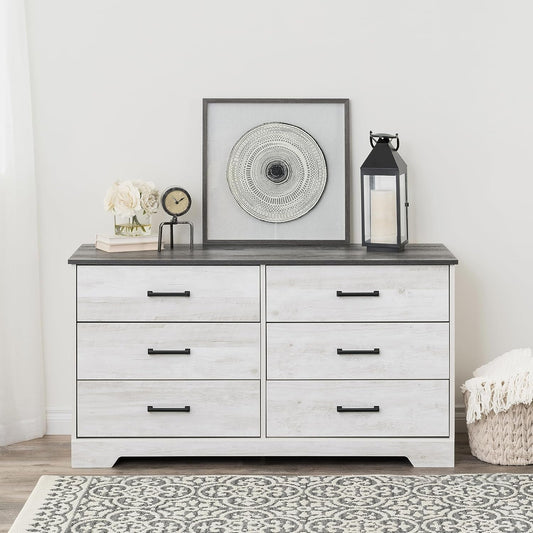 Washed White Farmhouse Dresser 6 Drawer Chest 53 Inch Wide