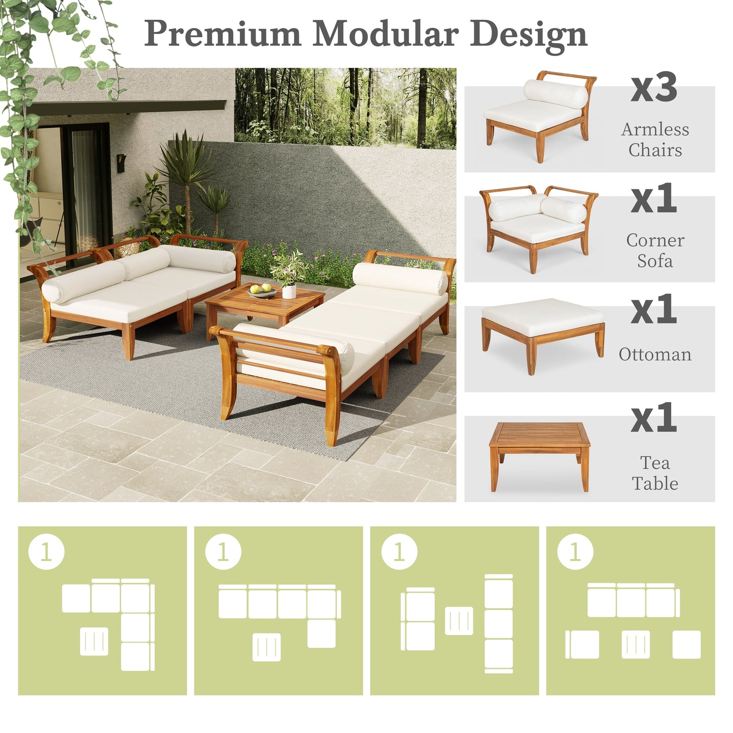 6 Piece Acacia Wood Modular Patio Sofa Set with Cushions
