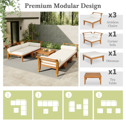 6 Piece Acacia Wood Modular Patio Sofa Set with Cushions