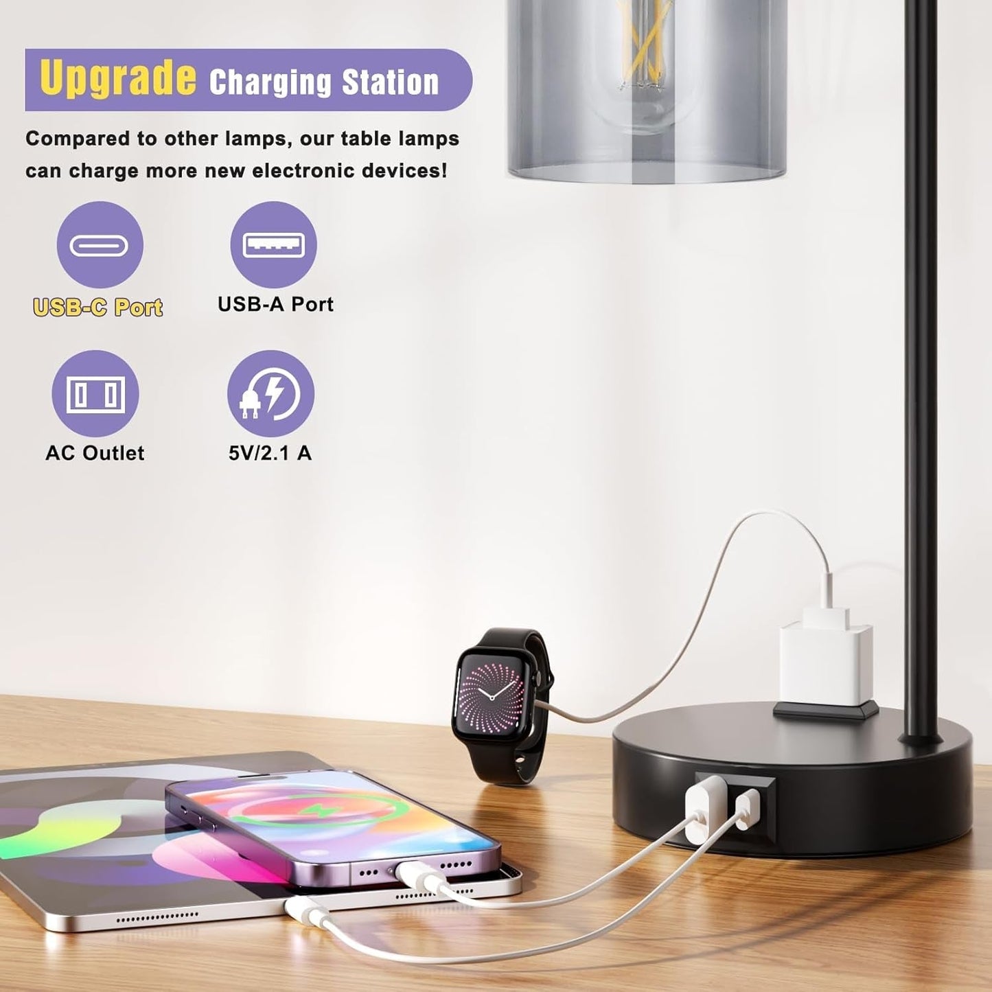 3-Way Dimmable USB Table Lamps with Gray Glass Shade Pair