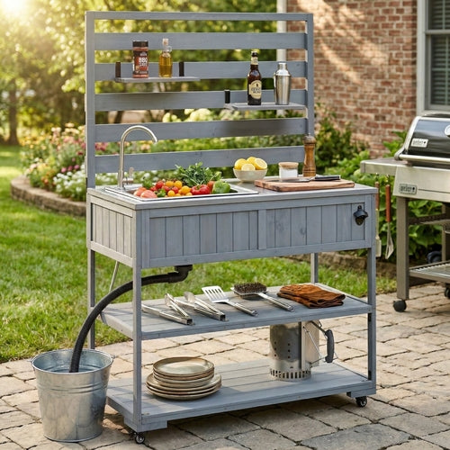 41.7'' Large Patio Rolling Kitchen Island with Sink & Storage