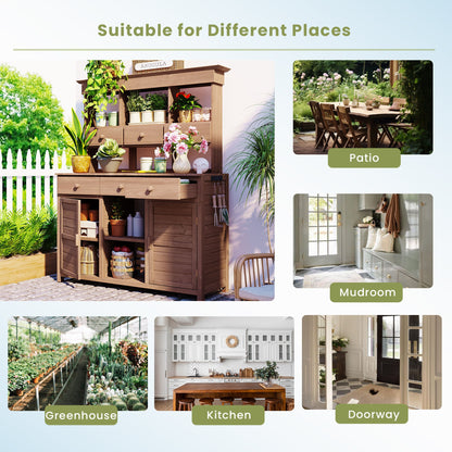 65.7'' H Tall Fir Wood Garden Potting Bench Table with Hutch
