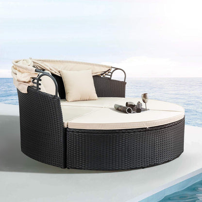 Outdoor Round Daybed With Canopy Wicker Patio Sofa