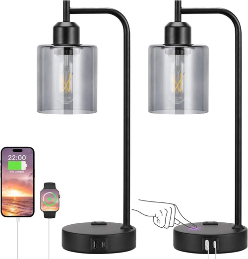 3-Way Dimmable USB Table Lamps with Gray Glass Shade Pair