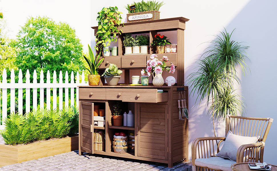 65.7'' H Tall Fir Wood Garden Potting Bench Table with Hutch