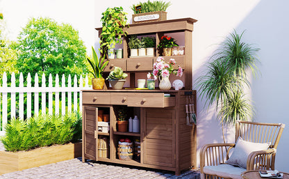 65.7'' H Tall Fir Wood Garden Potting Bench Table with Hutch