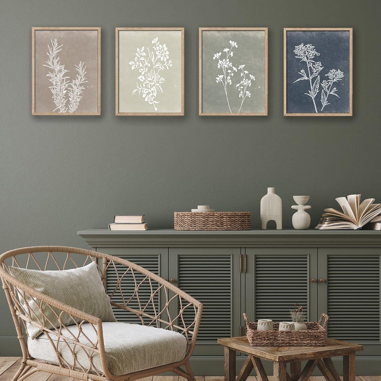 Framed Botanical Wall Art Set of 4 with Walnut 10x10 Frames