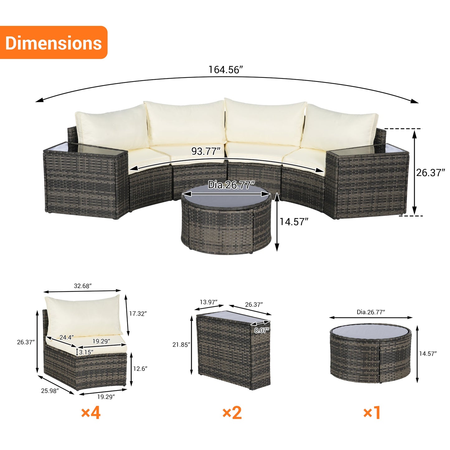 Outdoor Patio Furniture 7-Piece Half-Moon Sectional Round Patio
