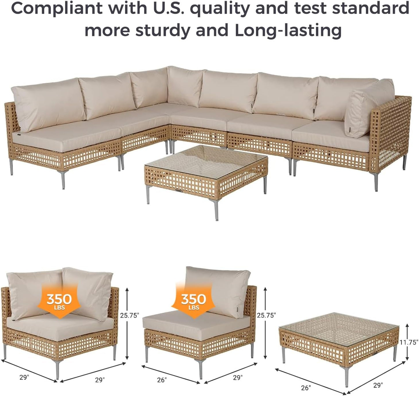 7 Piece Wicker Patio Set with Water-Resistant Beige Cushions