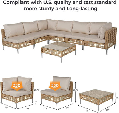7 Piece Wicker Patio Set with Water-Resistant Beige Cushions