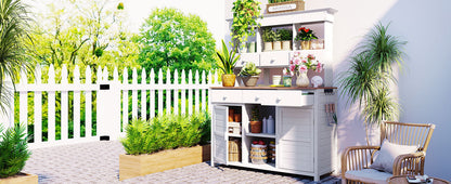 65.7'' H Tall Fir Wood Garden Potting Bench Table with Hutch
