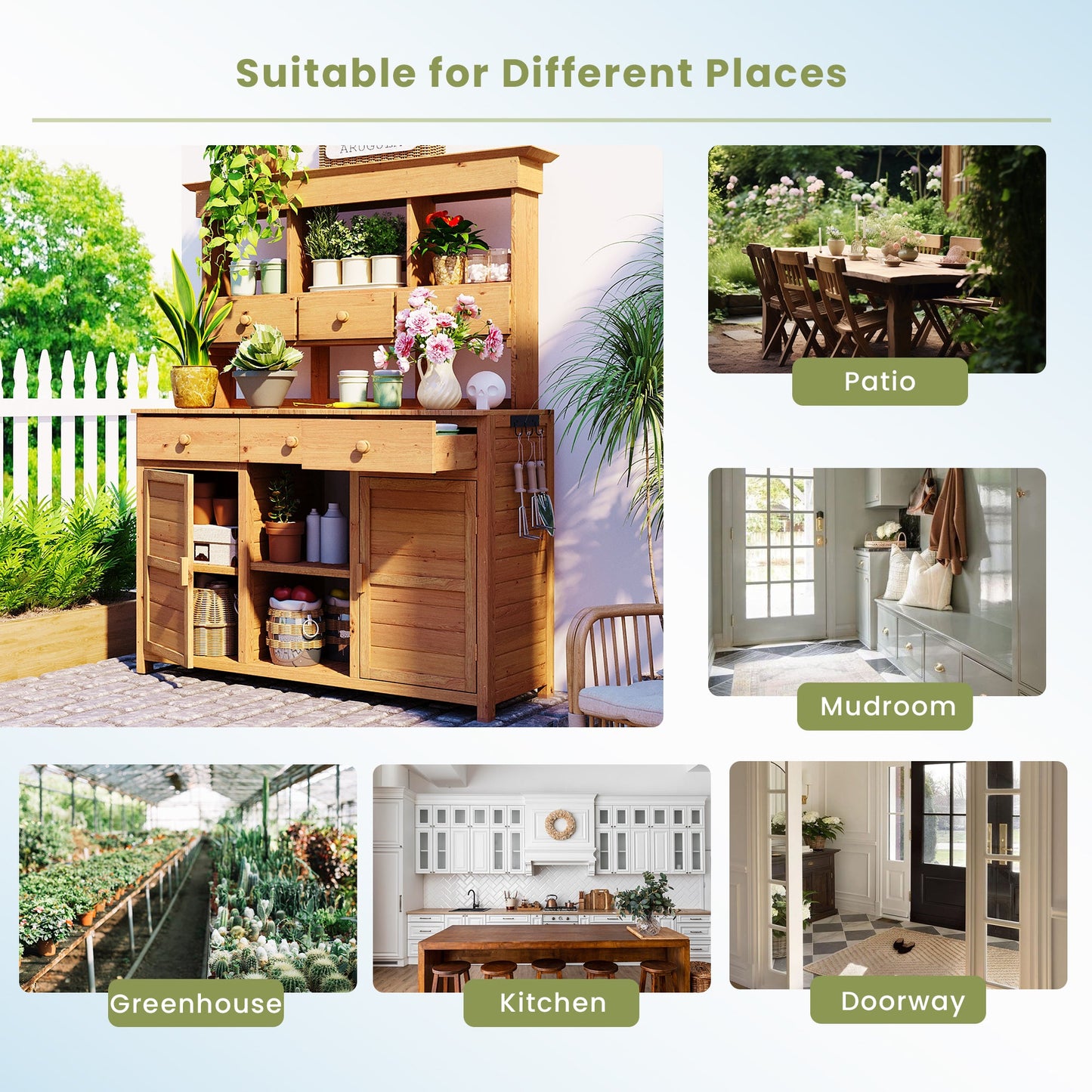 65.7'' H Tall Fir Wood Garden Potting Bench Table with Hutch