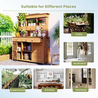 65.7'' H Tall Fir Wood Garden Potting Bench Table with Hutch