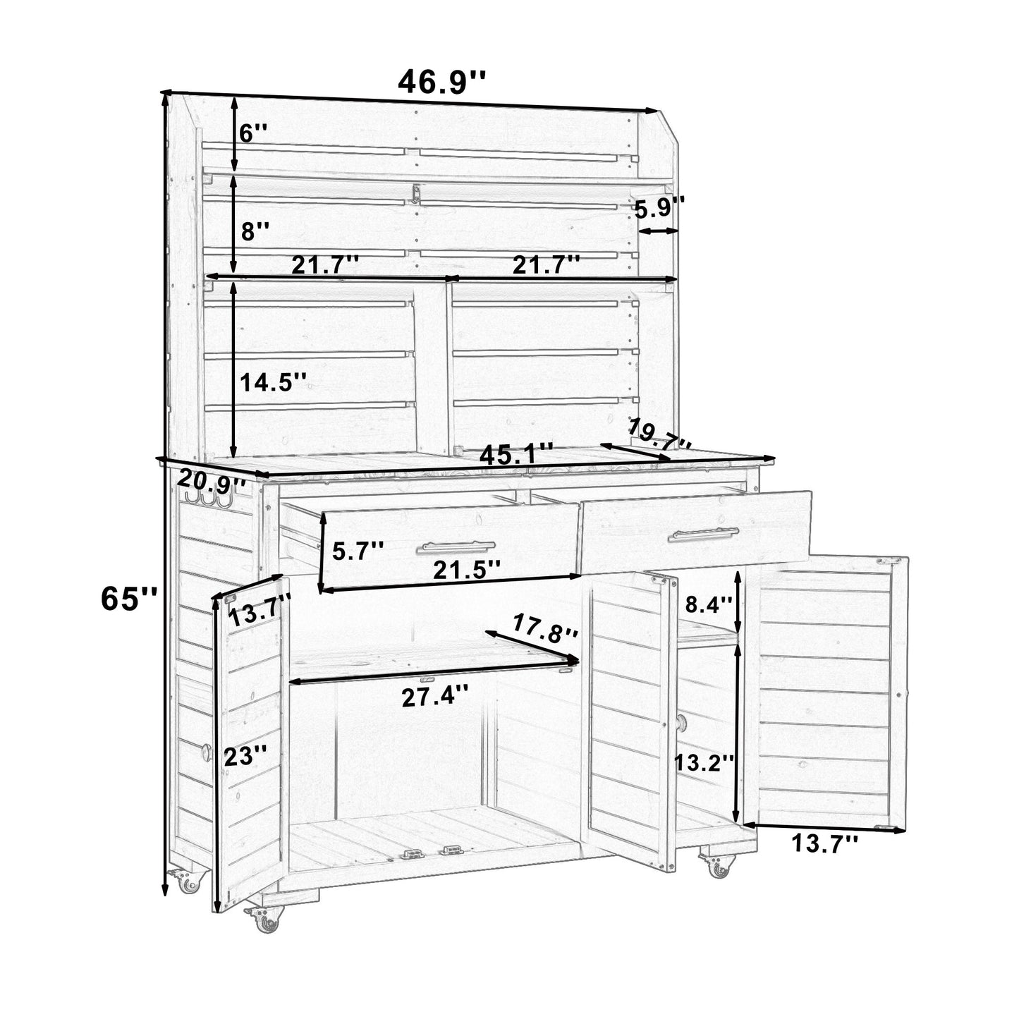 65''H Large Garden Potting Bench with Lockable Wheels and Storage