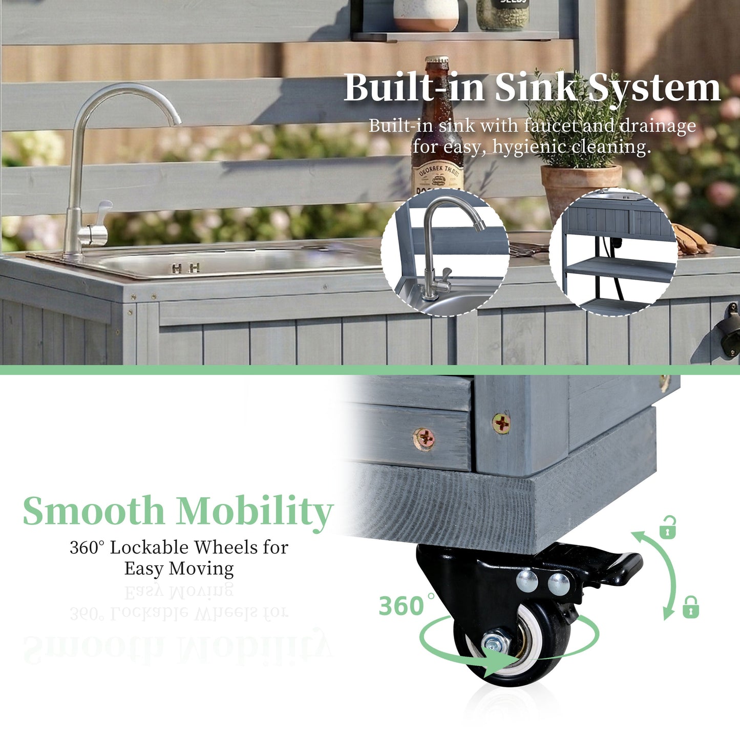 41.7'' Large Patio Rolling Kitchen Island with Sink & Storage