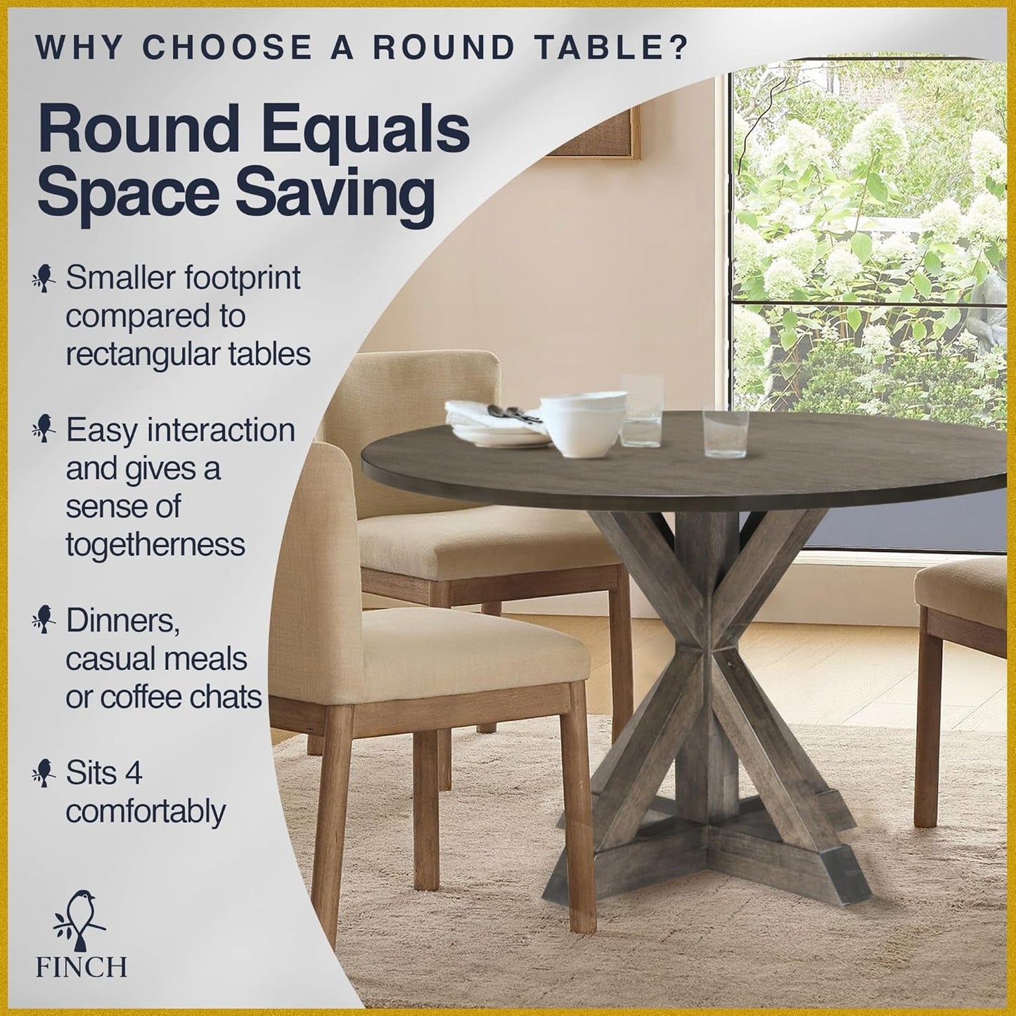 Alfred Round Solid Wood Rustic Dining Table 46.5 Inch Diameter