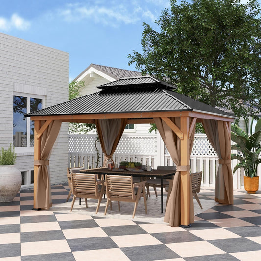 11x13 Wood Gazebo With Durable Galvanized Steel Roof Netting