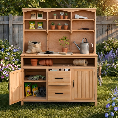 Large Fir Wood Potting Bench, 45.3"L Multi-Functional Outdoor Patio