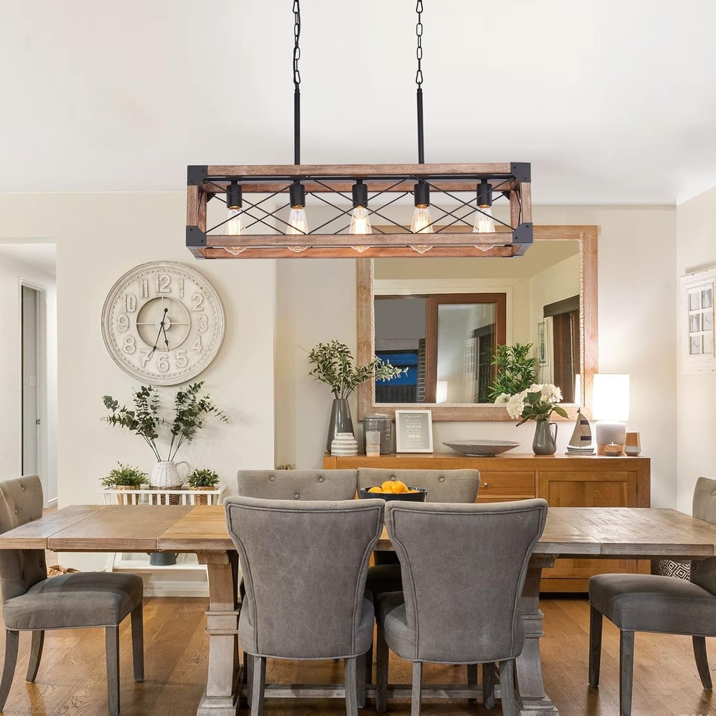 Farmhouse 5 Light Kitchen Island Chandelier with Solid Wood