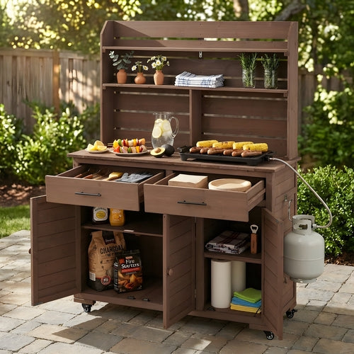 65''H Large Garden Potting Bench with Lockable Wheels and Storage