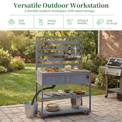 41.7'' Large Patio Rolling Kitchen Island with Sink & Storage