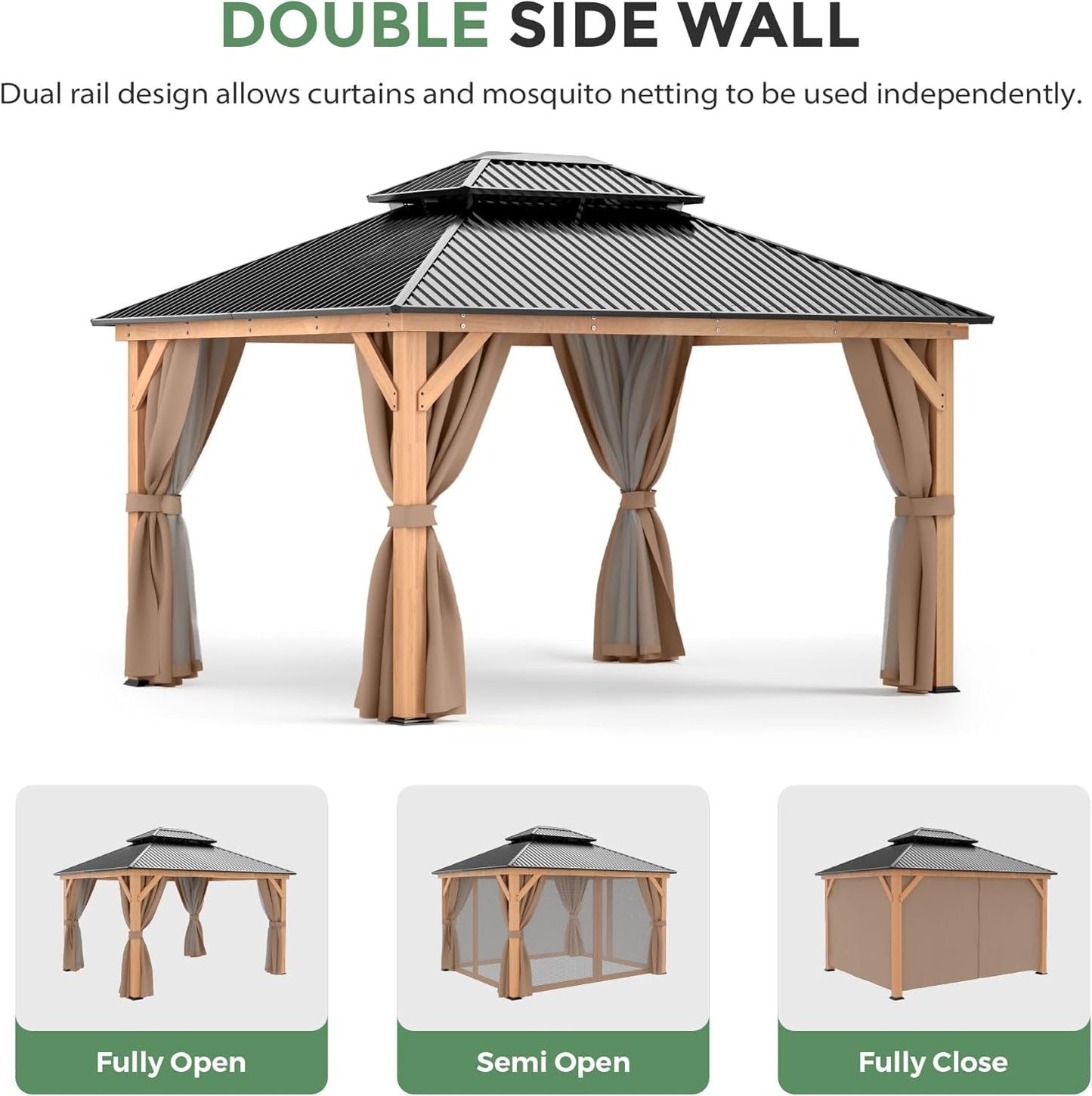 11x13 Wood Gazebo With Durable Galvanized Steel Roof Netting