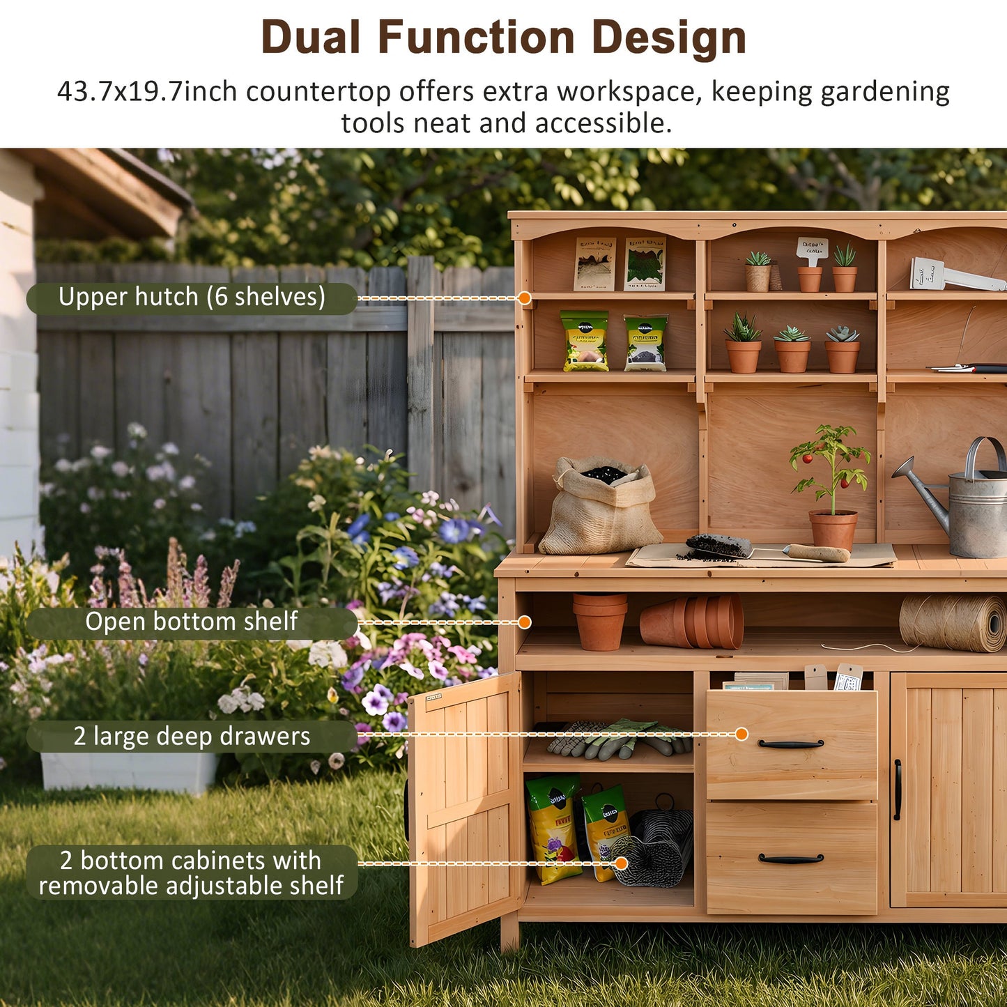 Large Fir Wood Potting Bench, 45.3"L Multi-Functional Outdoor Patio