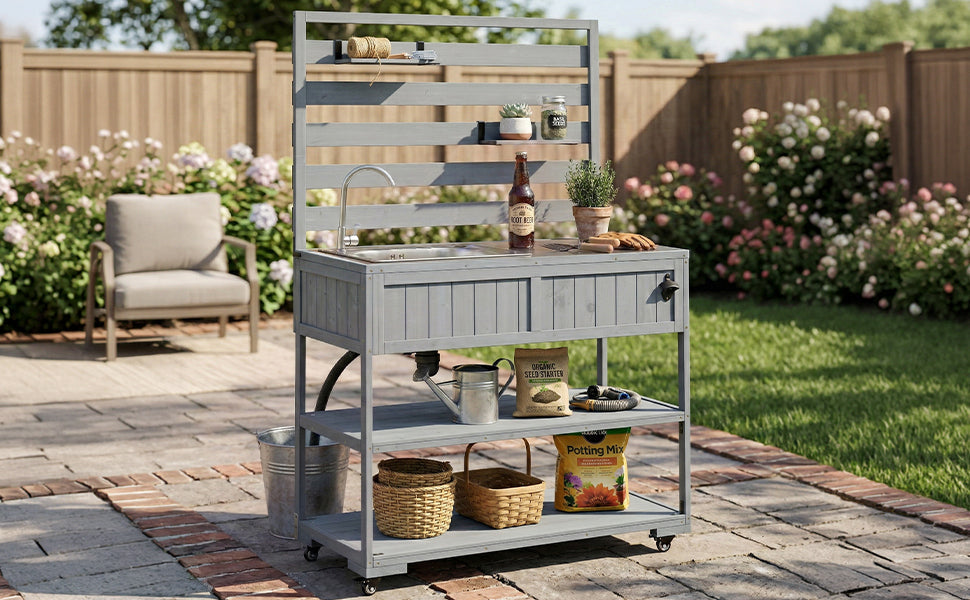 41.7'' Large Patio Rolling Kitchen Island with Sink & Storage