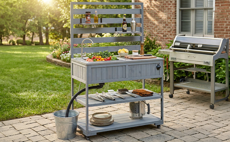 41.7'' Large Patio Rolling Kitchen Island with Sink & Storage