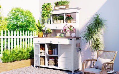 65.7'' H Tall Fir Wood Garden Potting Bench Table with Hutch