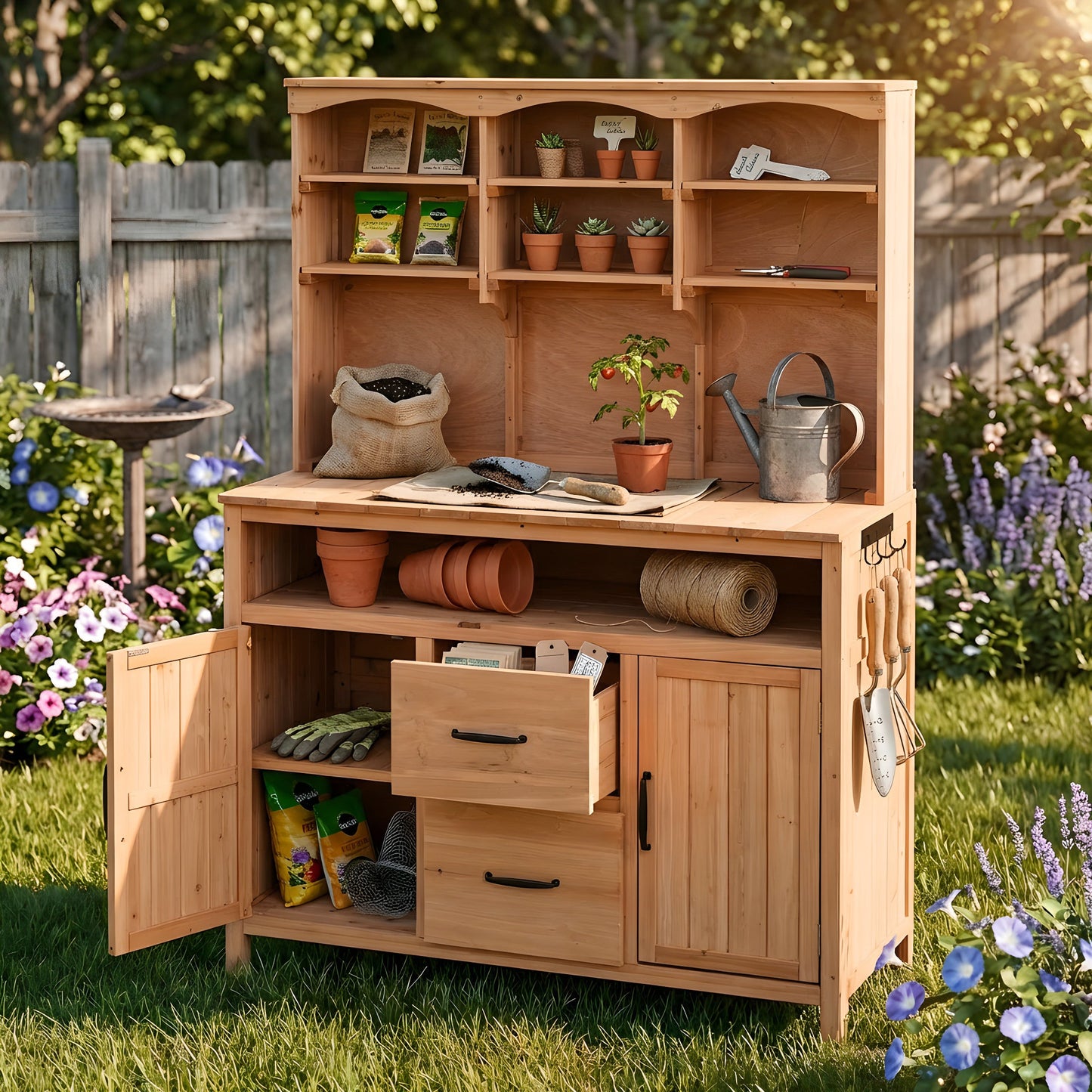 Large Fir Wood Potting Bench, 45.3"L Multi-Functional Outdoor Patio