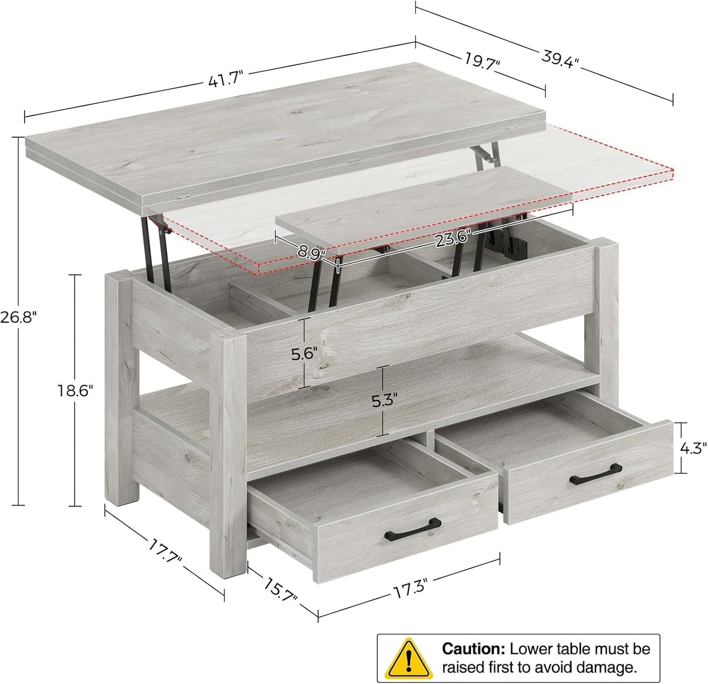 Grey Lift Top Coffee Table With Drawers & Hidden Compartment