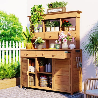 65.7'' H Tall Fir Wood Garden Potting Bench Table with Hutch