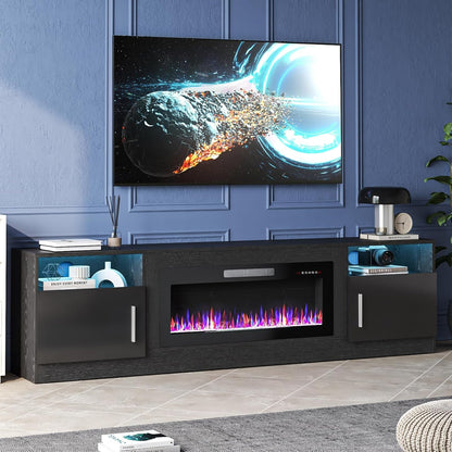 80 Inch TV Stand Electric Fireplace with LED Lighting Black