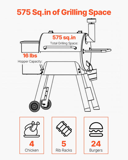 Wood Pellet Grill Smoker Outdoor Electric BBQ Grill 575 Sq.in