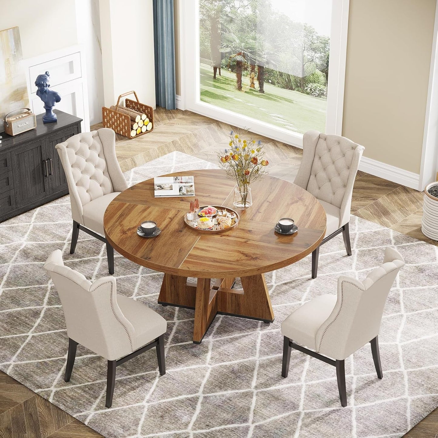 Round 47 Inch Farmhouse Dining Table for Four - Wood