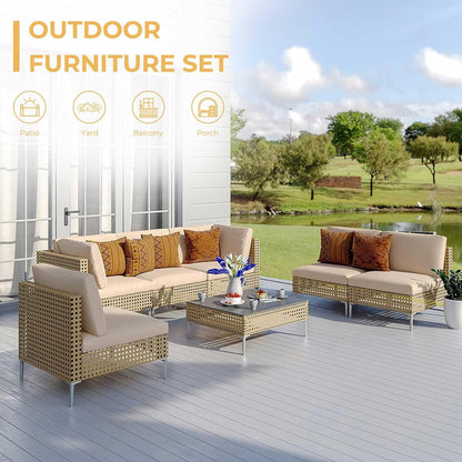 7 Piece Wicker Patio Set with Water-Resistant Beige Cushions