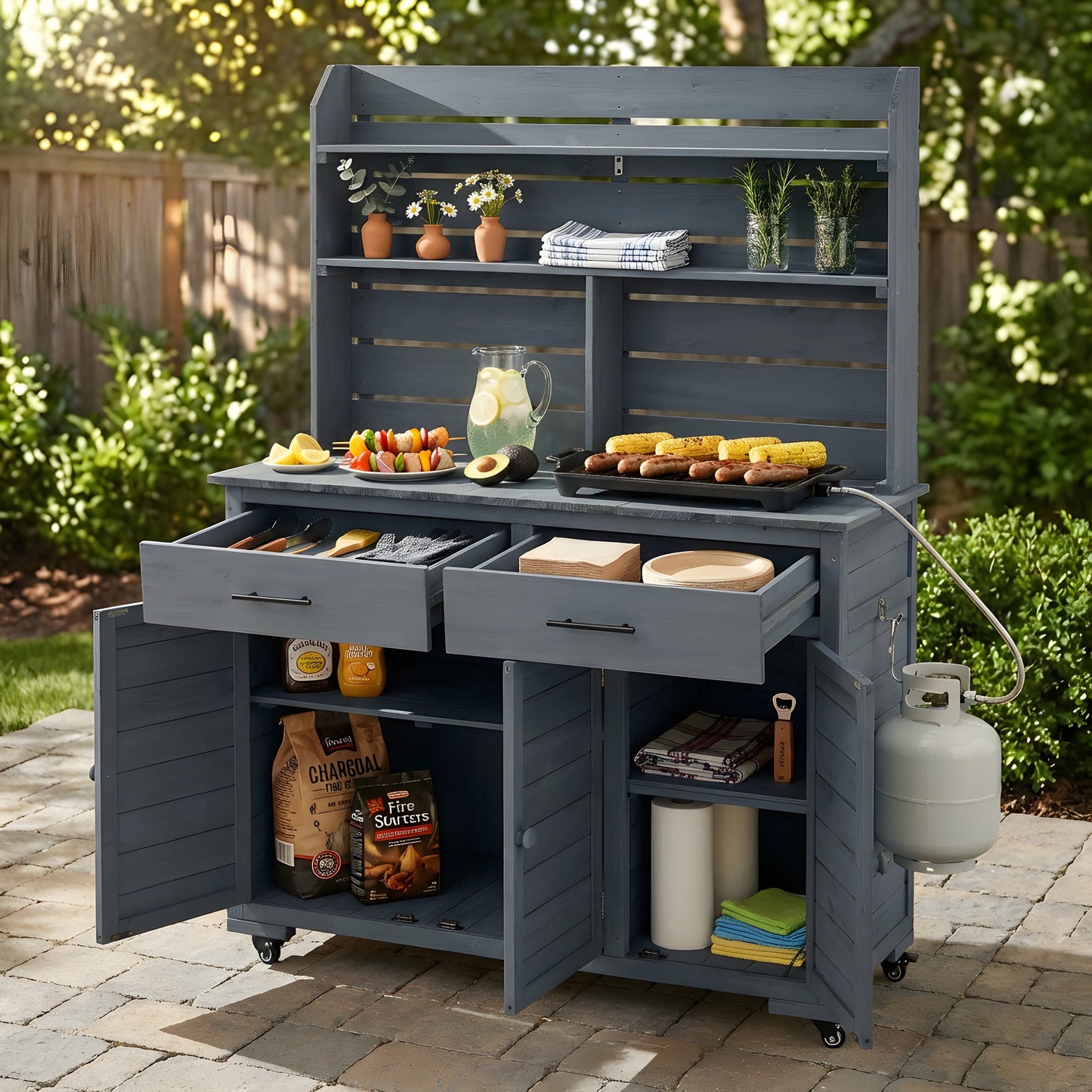 65''H Large Garden Potting Bench with Lockable Wheels and Storage