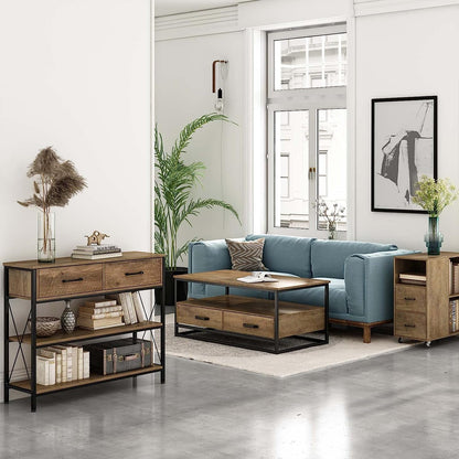 Rustic Brown Industrial Console Table With Storage Shelves
