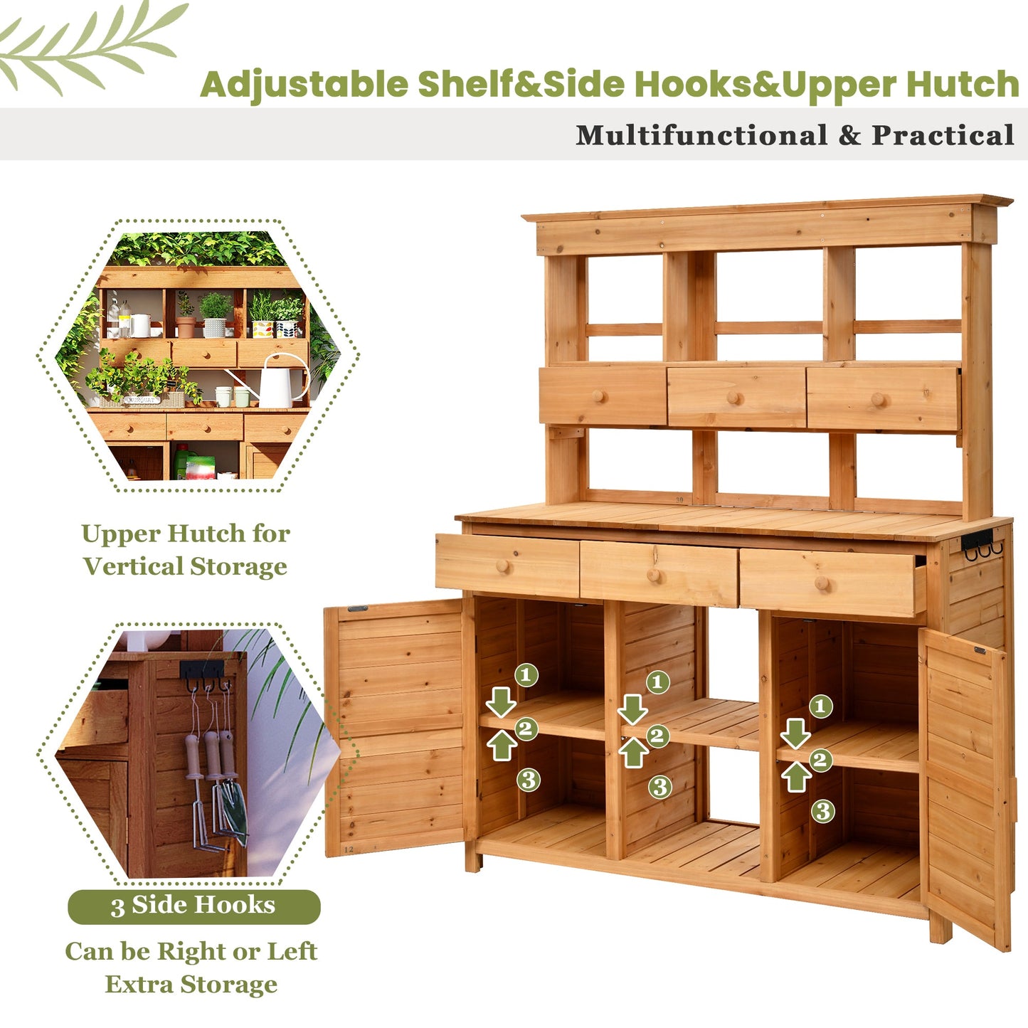 65.7'' H Tall Fir Wood Garden Potting Bench Table with Hutch