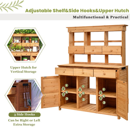 65.7'' H Tall Fir Wood Garden Potting Bench Table with Hutch