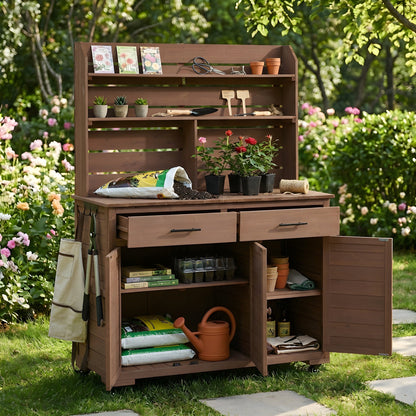 65''H Large Garden Potting Bench with Lockable Wheels and Storage