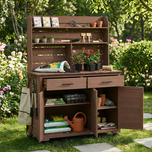 65''H Large Garden Potting Bench with Lockable Wheels and Storage