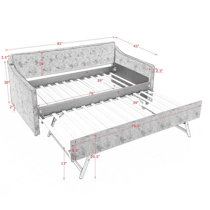 Grey Velvet Mid-Century Style Twin Upholstered Daybed with Pop-Up